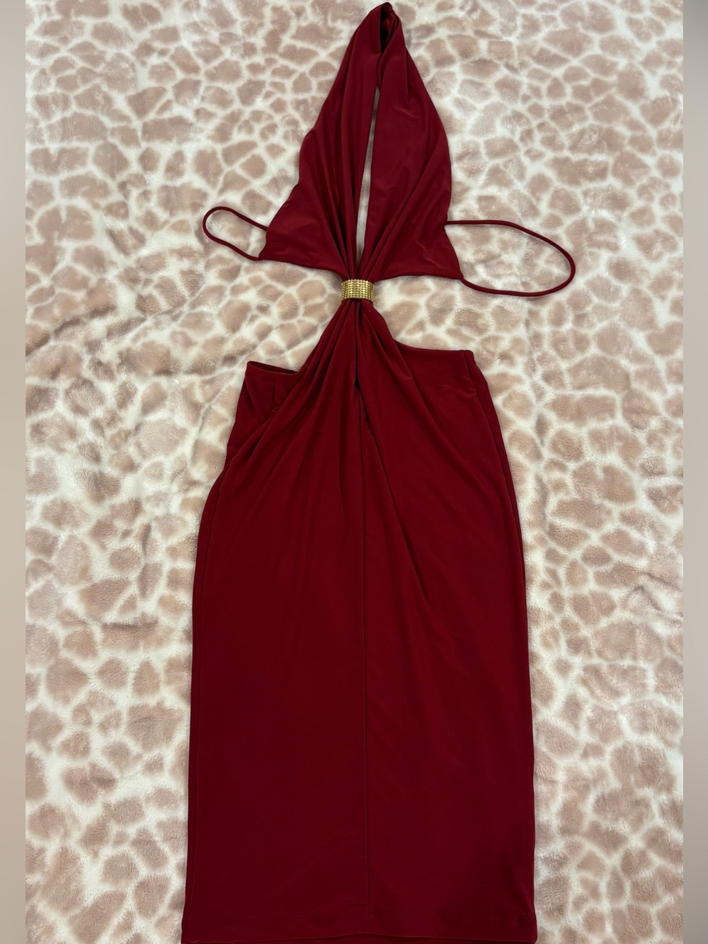 Fashion Nova Burgundy Strapless Midi Dress with Gold Accent